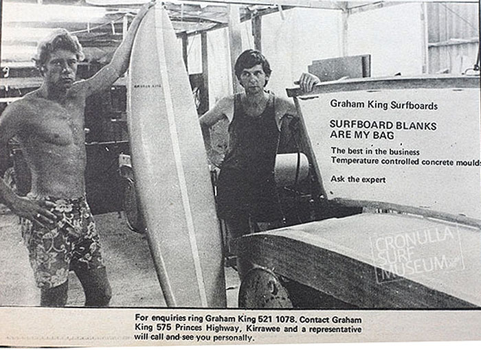 Graham on the right talking shop with another legend of Australian surfing Frank Latta